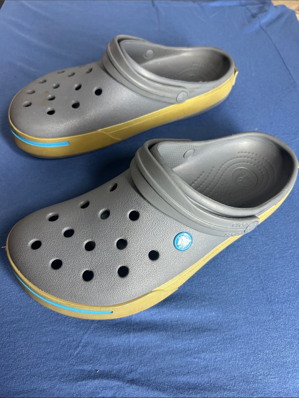 CROCS Men's Gray Clog with Yellow Midsole and Blue Accent